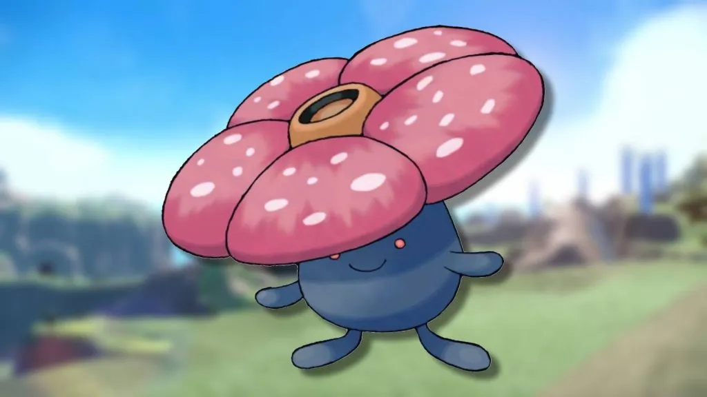 El Pokémon Vileplume se muestra sobre un fondo borroso.