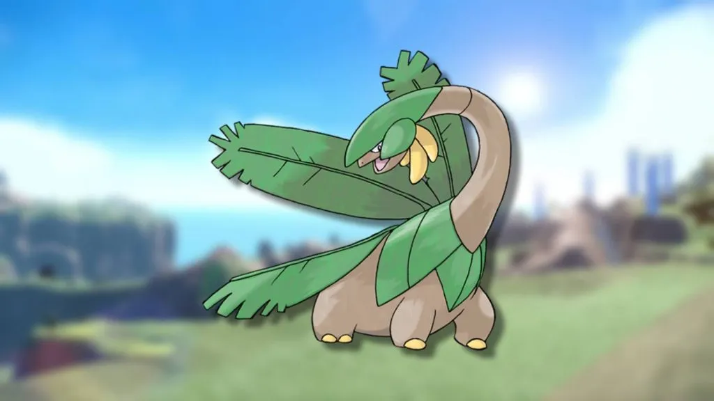 El Pokémon Tropius se muestra sobre un fondo borroso.