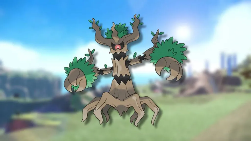 The Pokemon Trevenant is shown against a blurred background