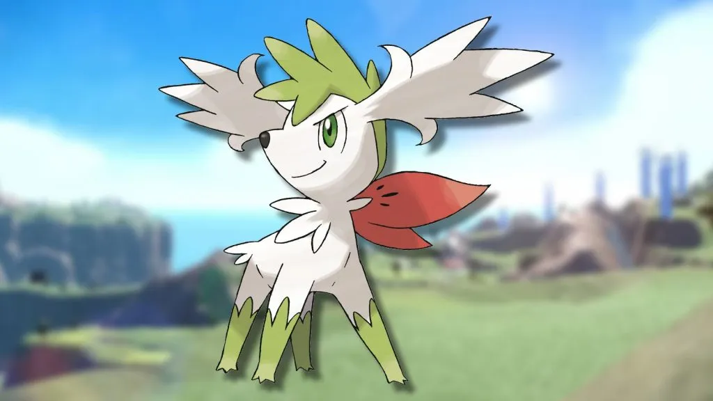 El Pokémon Shaymin aparece sobre un fondo borroso.