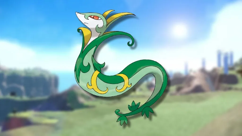 The Pokemon Serperior appears against a blurred background