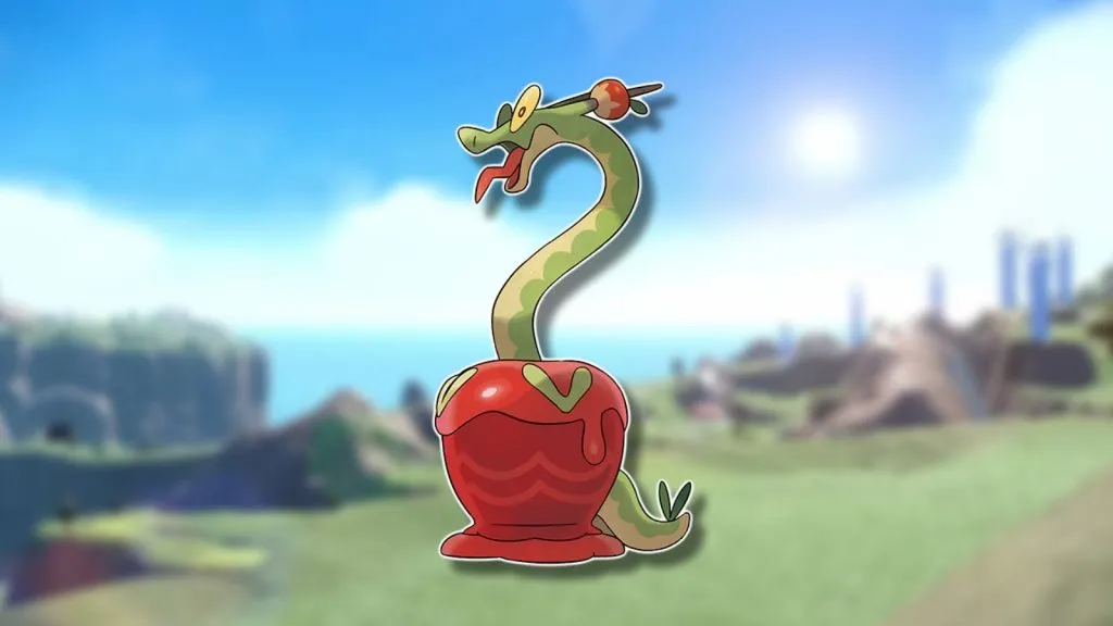 El Pokémon Hydrapple aparece sobre un fondo borroso.