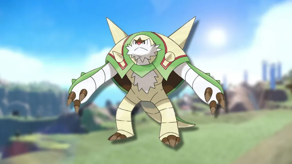 The Pokemon Chesnaught appears against a blurred background