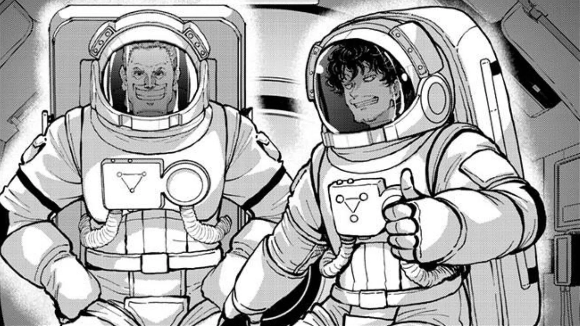 Ukaji y Takemina en trajes espaciales (Imagen vía Viz/ Haro Aso/ Shogakukan)
