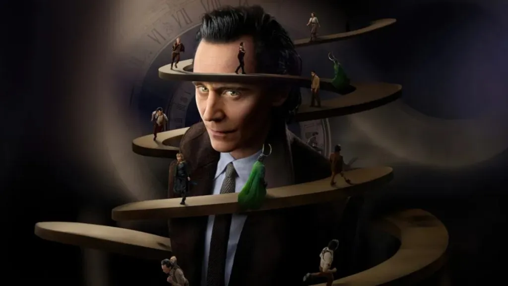 Un'immagine promozionale della stagione 2 di Loki con Tom Hiddleston e molteplici varianti di Loki.
