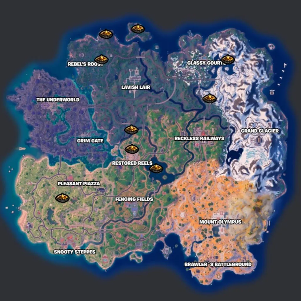 Fortnite campfire locations on the Chapter 5 Season 2 map.