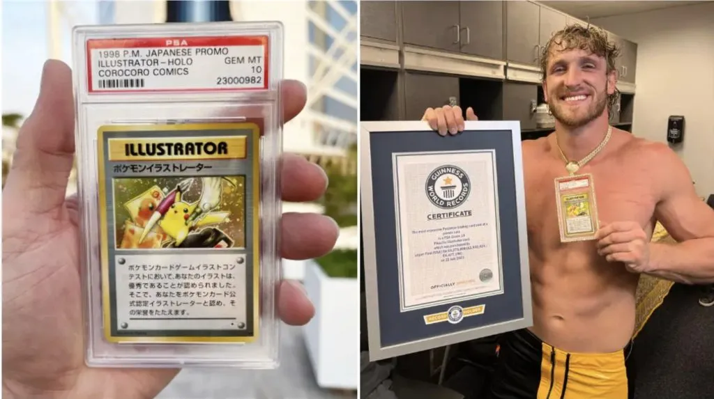 Logan Paul sosteniendo su tarjeta Illustrator Pikachu valorada en 6 millones de dólares