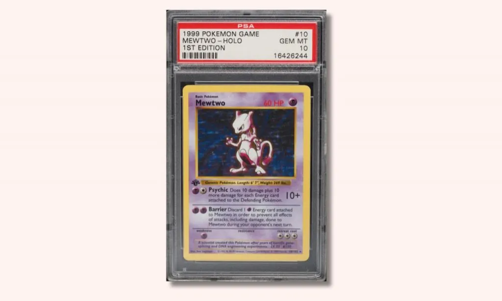 Mewtwo base set holo tarjeta Pokémon de primera edición.